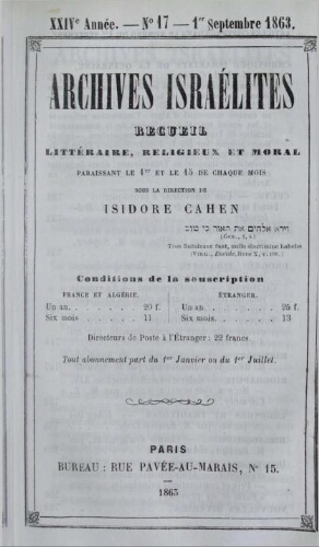 Archives israélites de France. Vol.24 N°17 (01 sept. 1863)